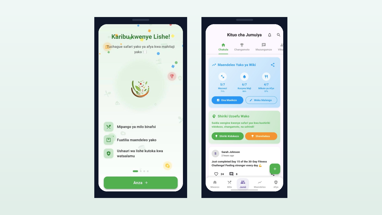 LISHE App — onboarding and community screens